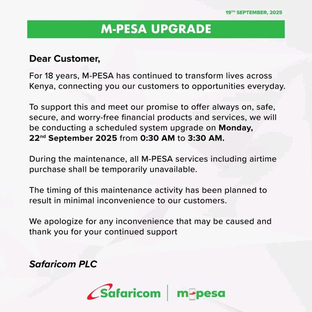 M-PESA to Undergo Scheduled Upgrade on 22nd September 2025