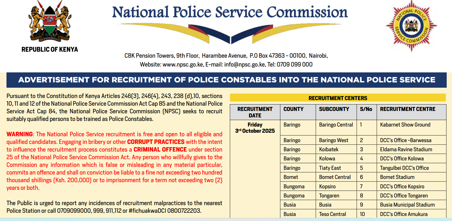National Police Service to Recruit Police Constables on November 17 Across Kenya National Police Service to Recruit Police Constables on November 17 Across Kenya