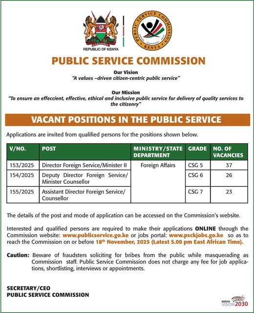 PSC HIRING Public Service Commission Announces 86 Vacancies in the Foreign Affairs Ministry; How to Apply