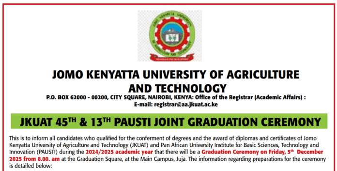 JKUAT Announces 2025 Graduation Ceremony Set for December 5 at Main Campus